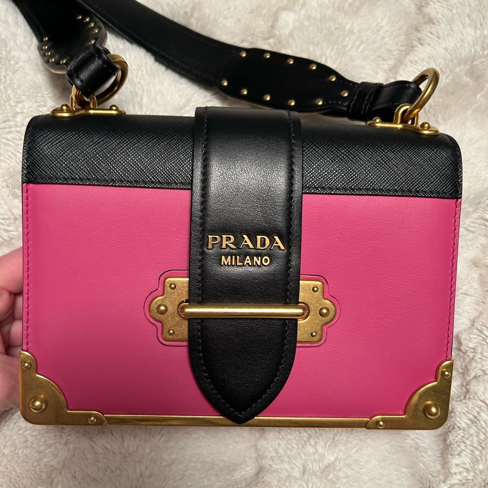 PRADA🩷City Calfskin saffiano cahier fuxia black bag💥sale!!!🔥 - Picture 2 of 13